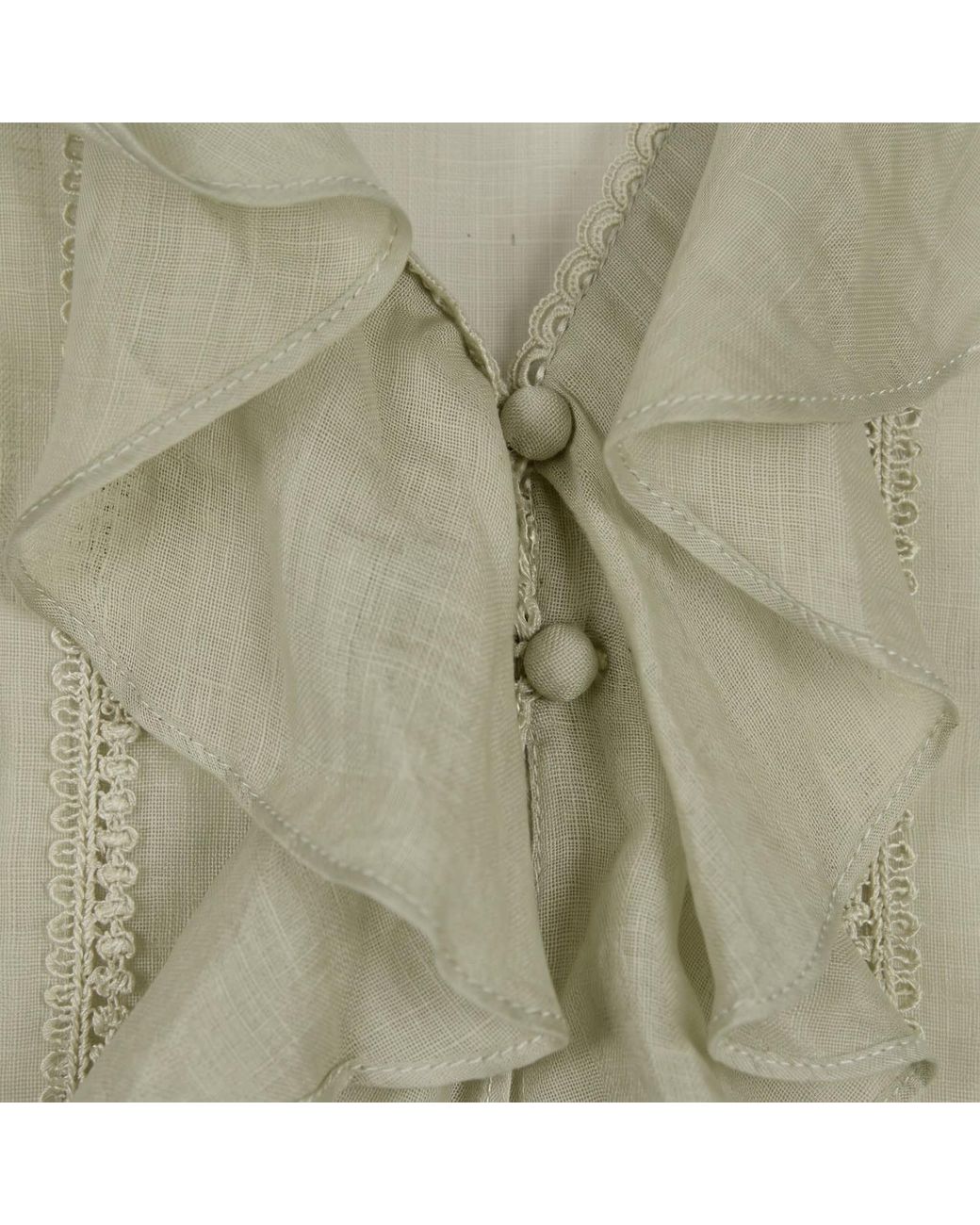 Modenaire Green Sleeveless Ruffle Front Blouse With Lace Inset Trim And V Neckline