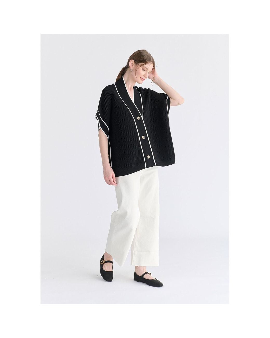 Paisie Black Button Details Kimono Ribbed Cardigan