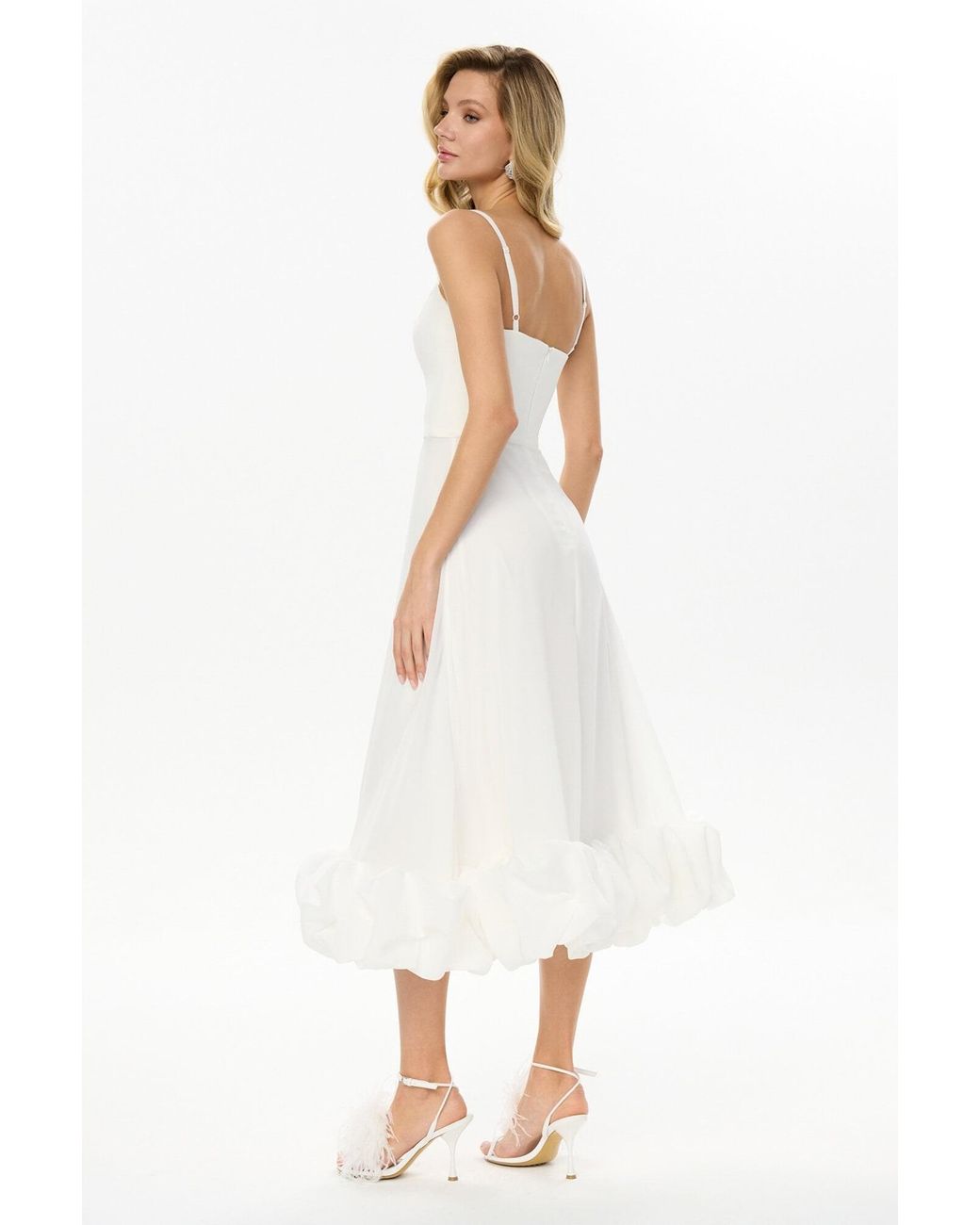 POST MERIDIEM White Milk Flounce Bustier Midi Dress