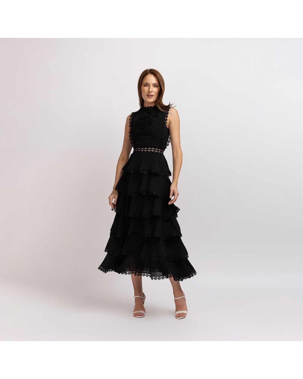 IZABELA MANDOIU Black Viscose Ruffle Midi Dress With Floral Lace