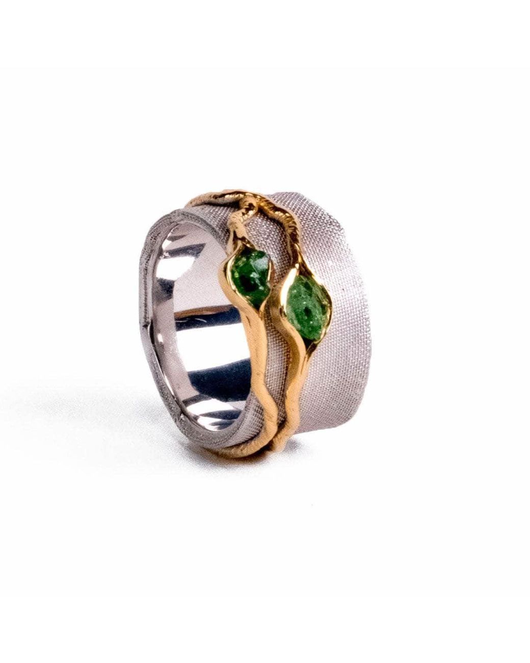 German Kabirski Green Vissa And Rhodium Plated Ring With Raw Tsavorite