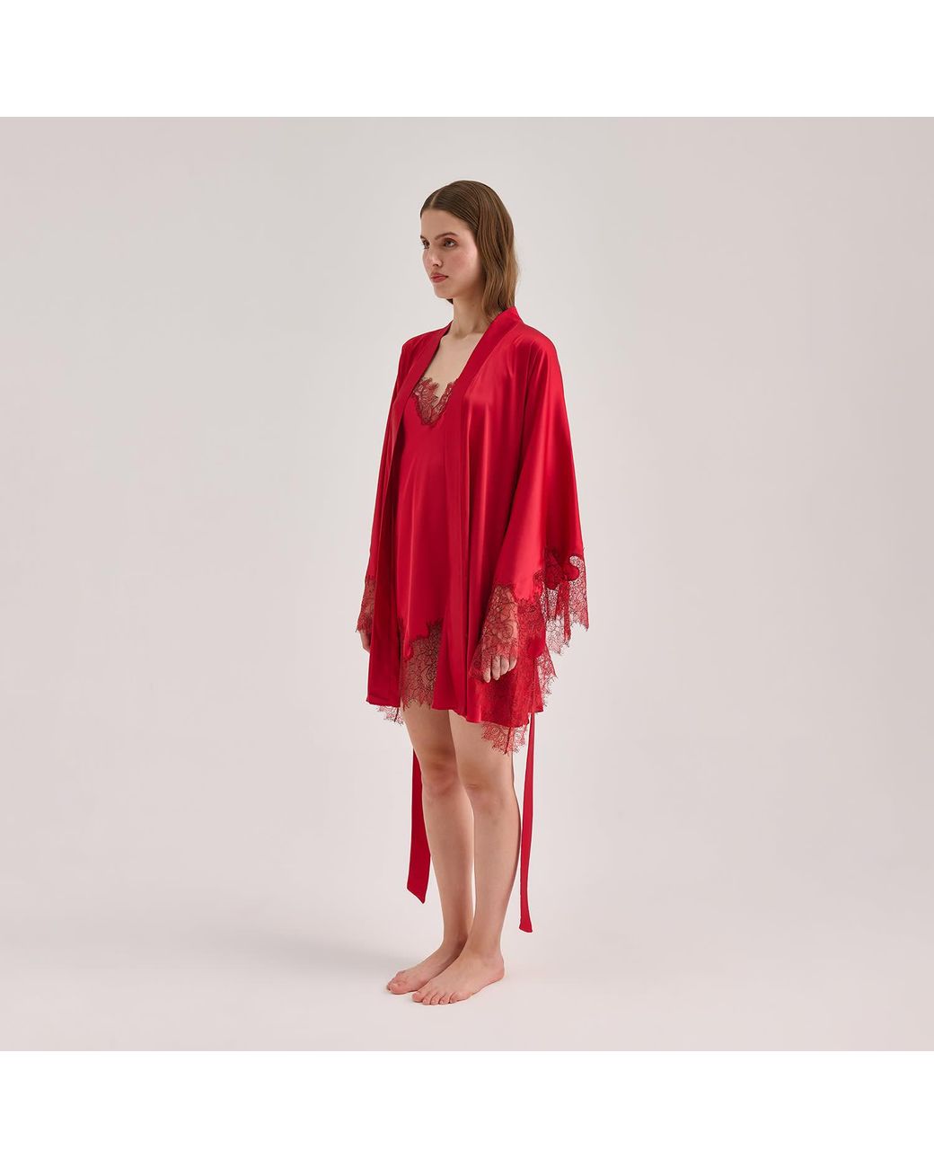 Avenue 8 Red Lace Mini Silk Robe