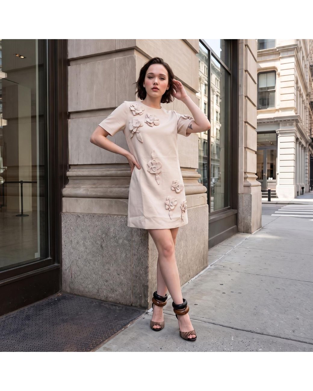 Modenaire Natural Neutrals Floral Applique Short Sleeve Mini Shift Dress
