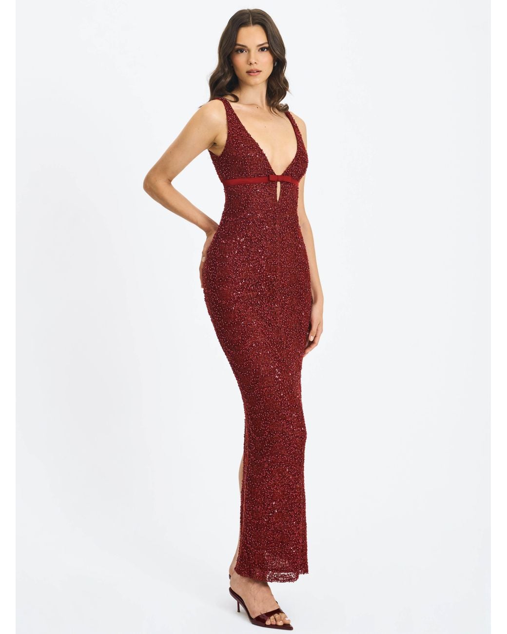 Miss Circle New York Red Elora Crimson Sequin Beaded Keyhole Maxi Dress