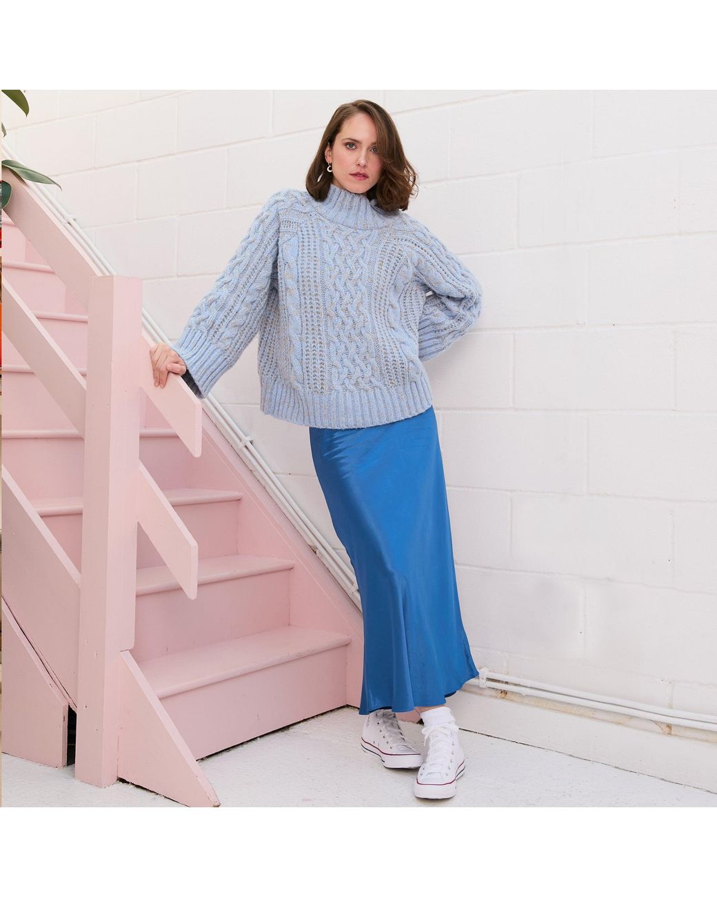 Cara & The Sky Blue Sarah High Neck Cable Wide Sleeve Jumper