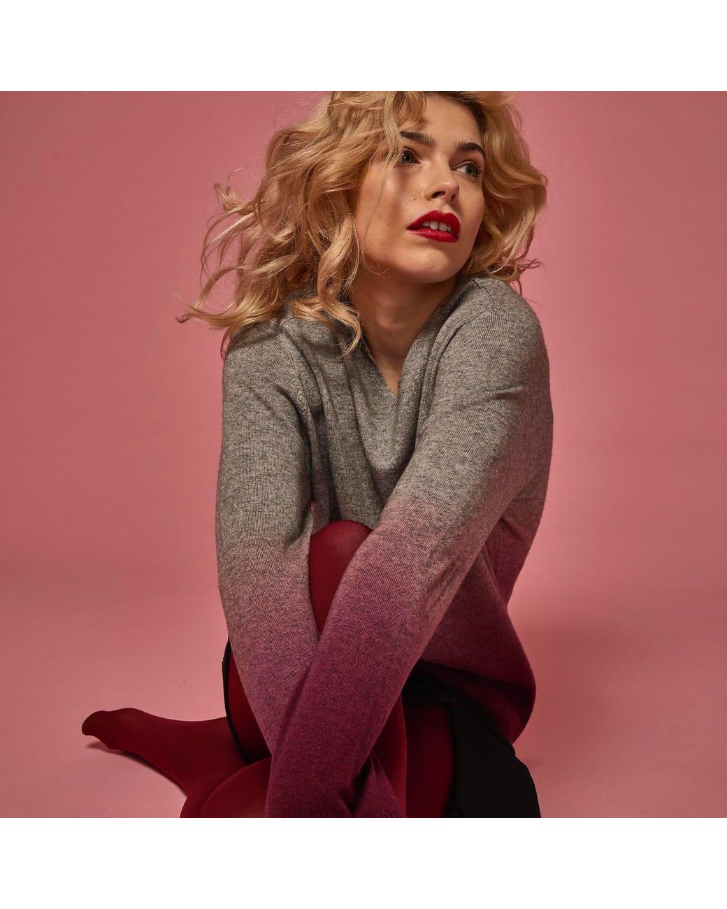 Salts Cashmere Multicolor Ombre Split Crew Neck Sweater