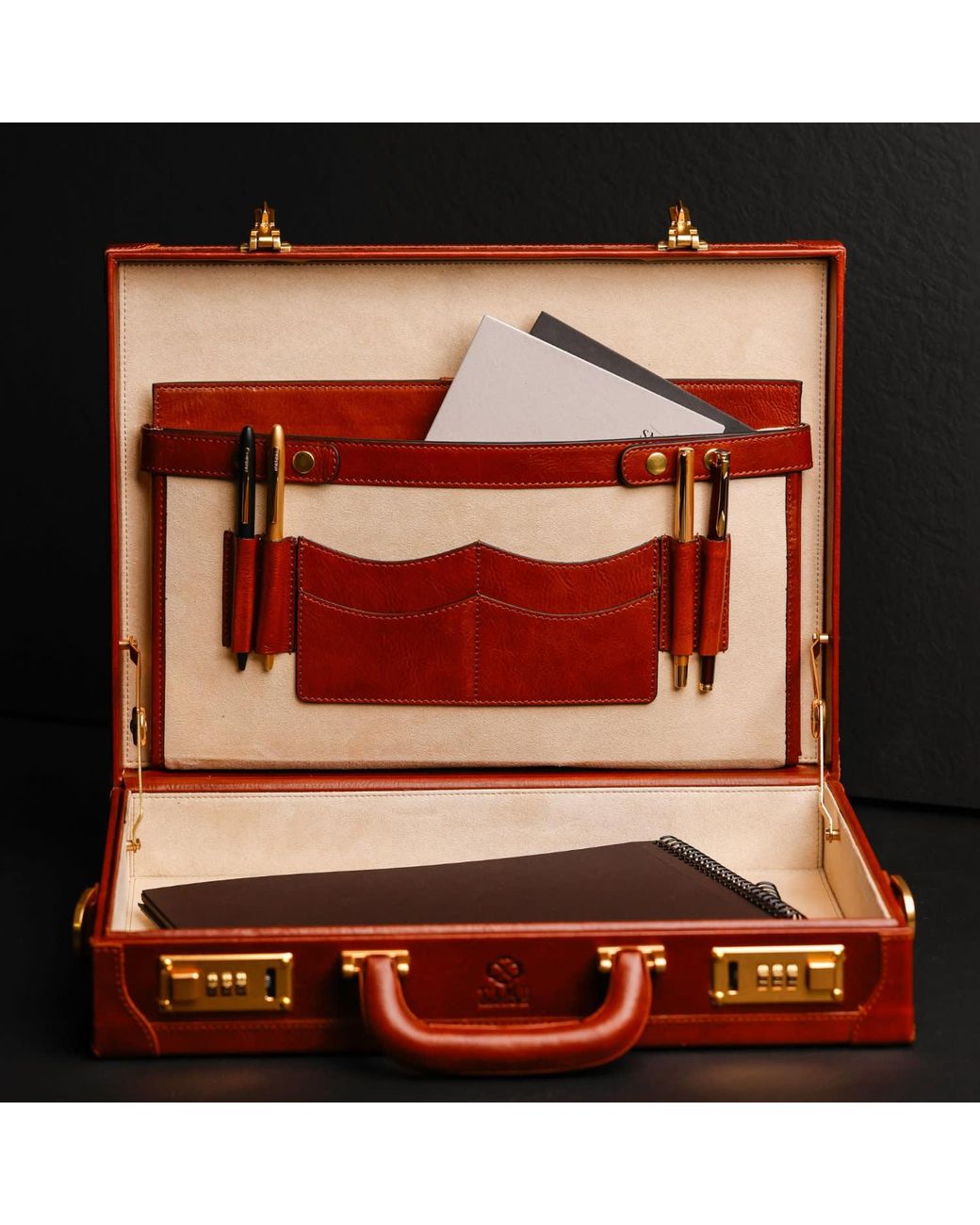 Time Resistance Brown Cognac Leather Attaché Case Briefcase for men