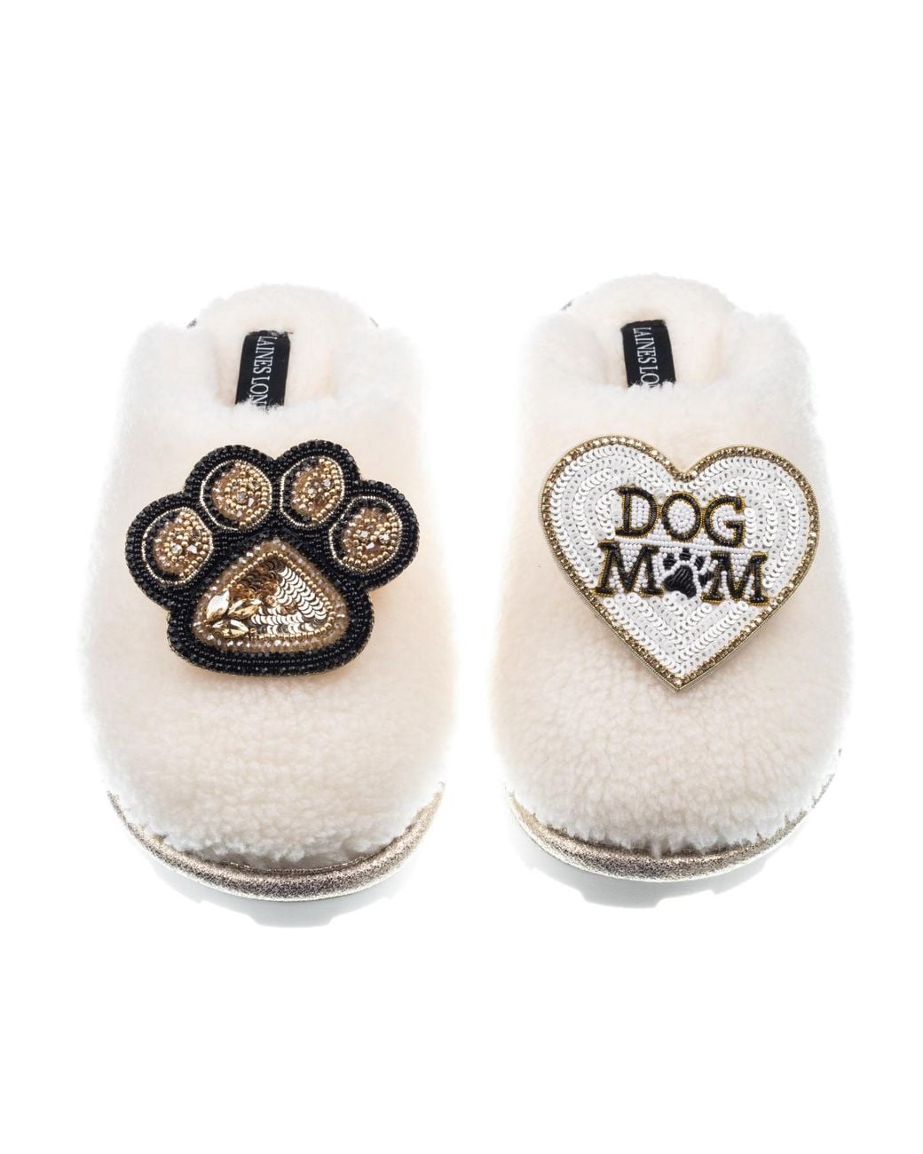Laines London Metallic Teddy Closed Toe Slippers With Dog Mum Mom & Paw Brooches