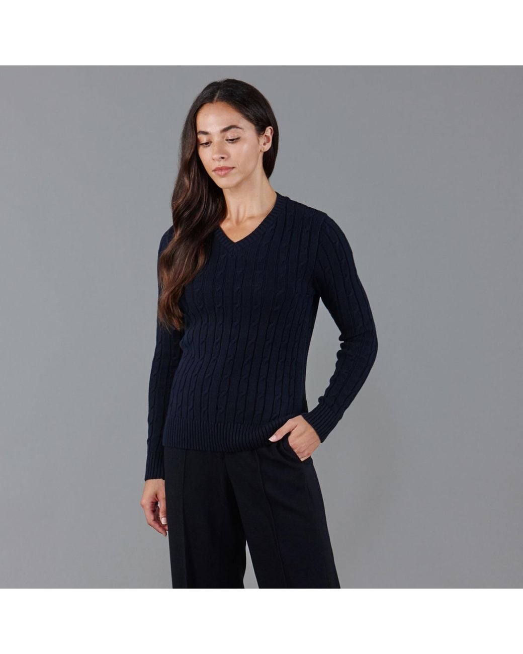 Paul James Knitwear Blue Cotton Talulah Cable V Neck Jumper