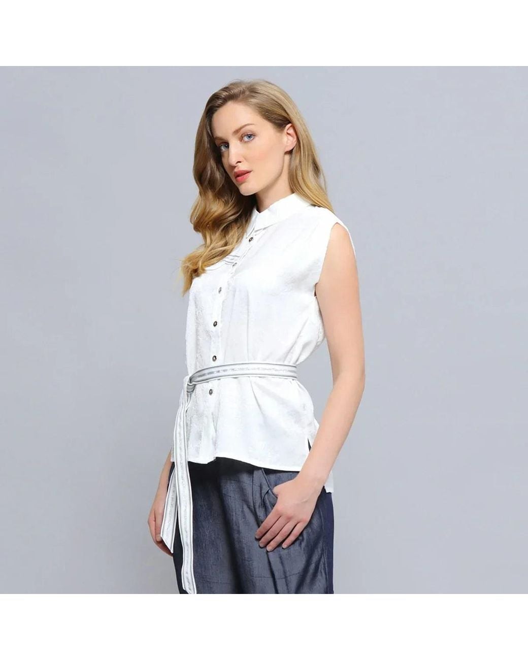 Smart and Joy White Sleeveless Shirt With Trimming for men