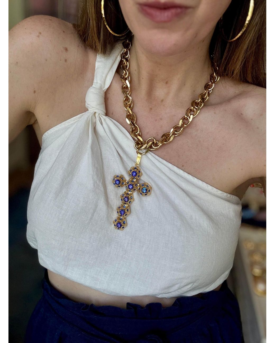 Laura Gray Metallic Italian Chanel Metal Crystal Cross