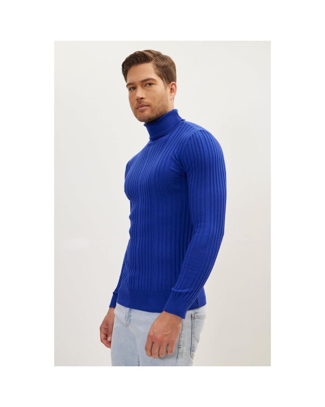Ron Tomson Blue Roll Neck Ribbed Sweater for men