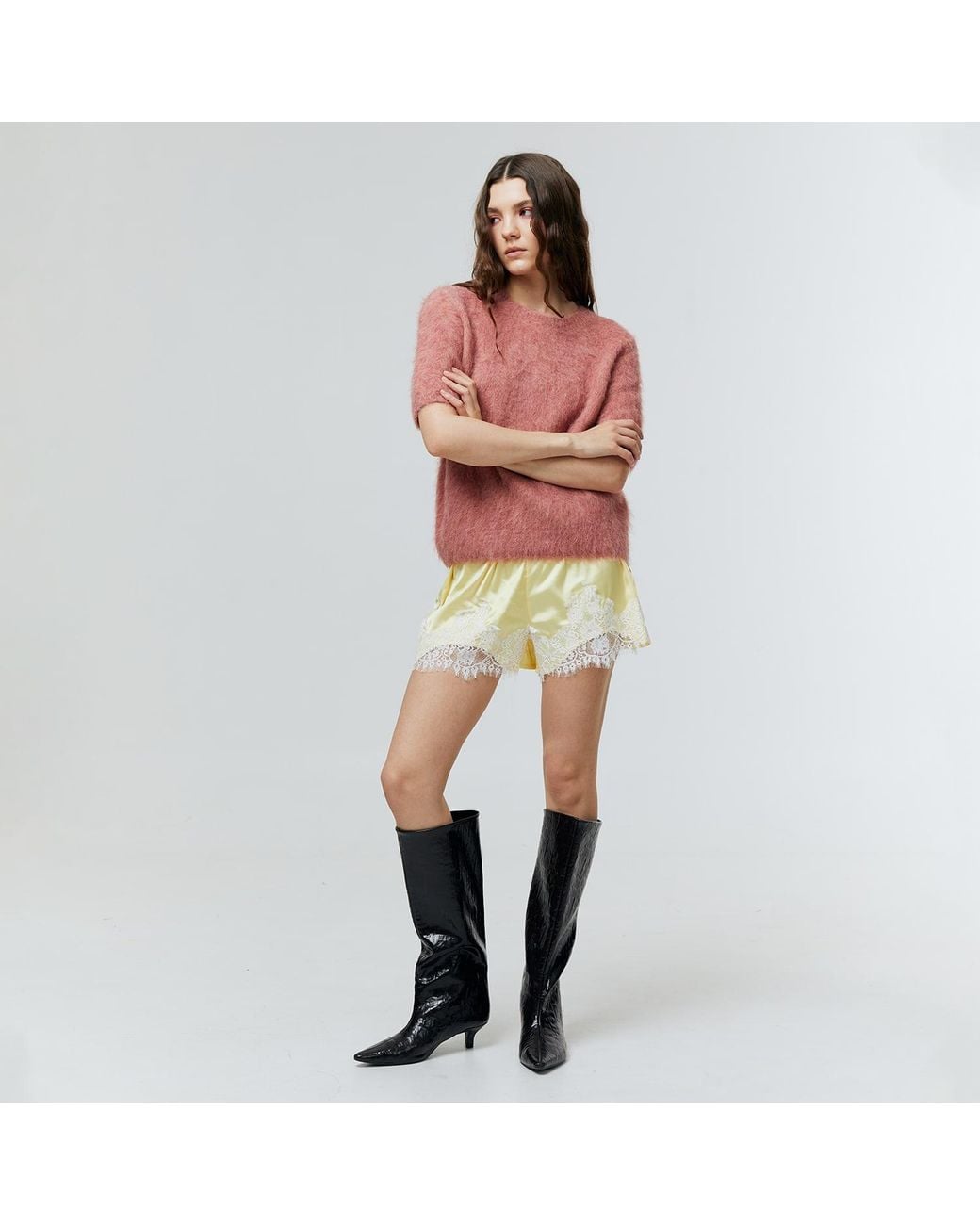 Ats the Label Yellow Rosalie Lace Satin Shorts