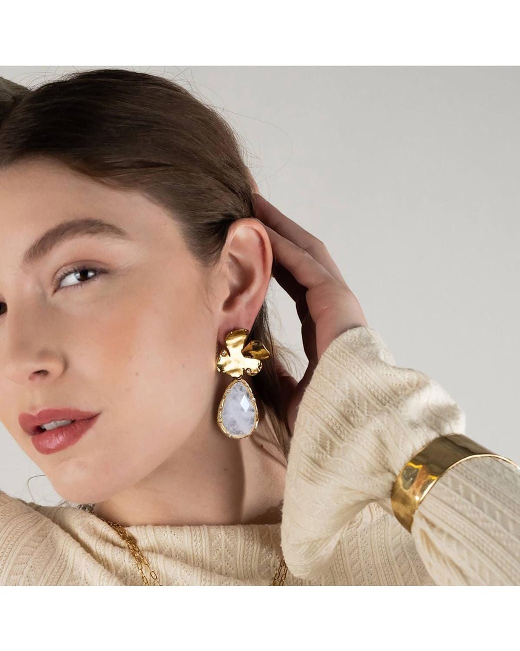 Rare Matters Jewelry Metallic Golden Flora Statement Clear Quartz Drop Earrings