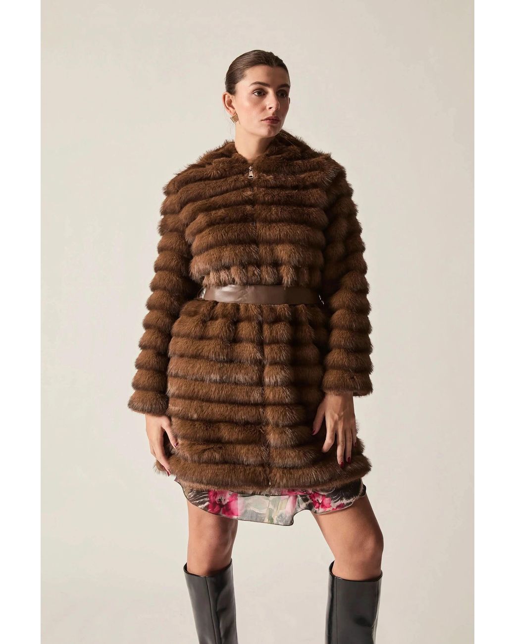 James Lakeland Brown Chocolate Ribbed Faux-Fur Coat