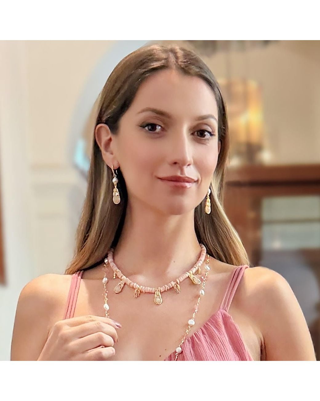 Farra Metallic Bohemian Rose Quartz & Freshwater Pearl Drop Earrings