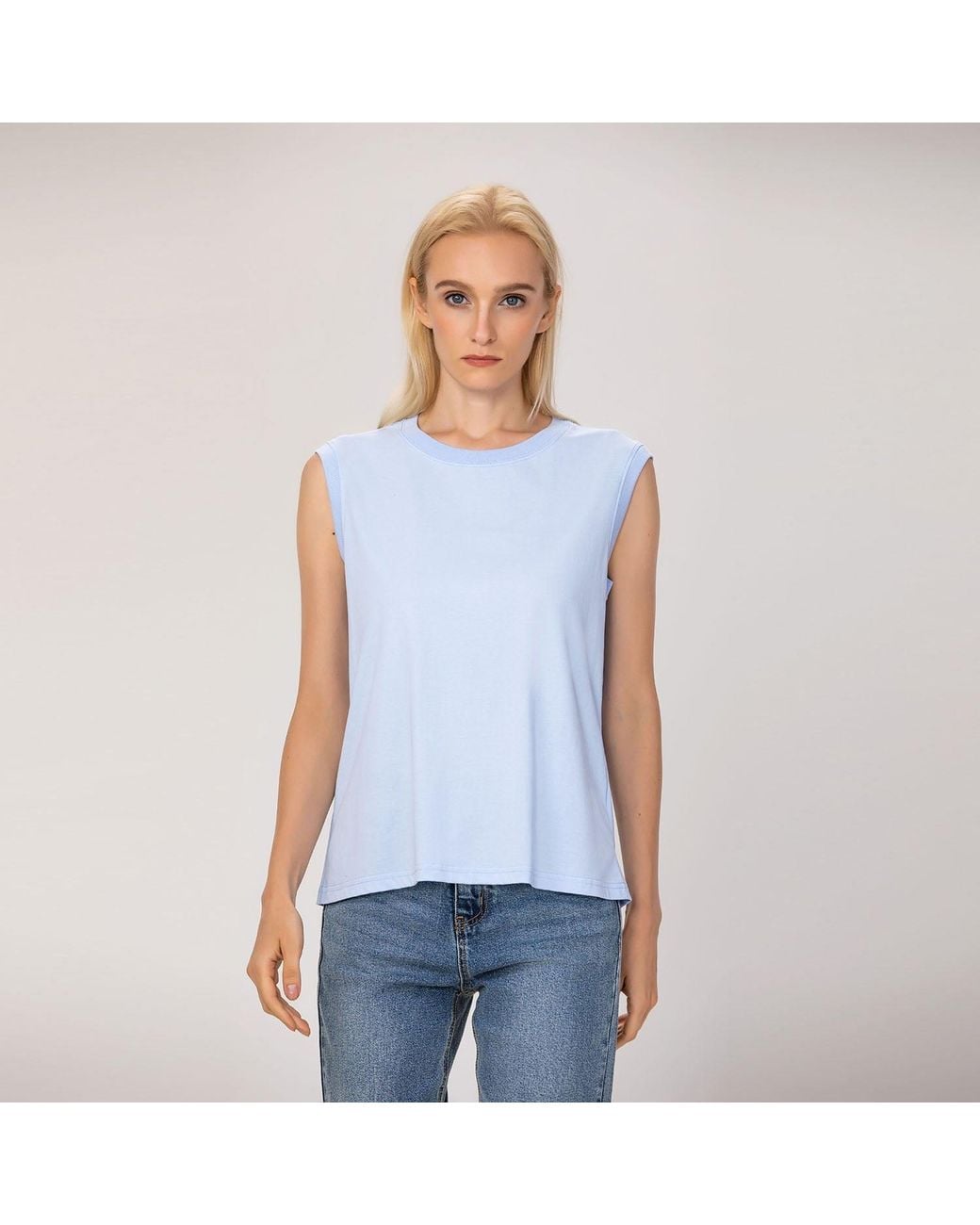 Smart and Joy Blue Sleeveless Cotton Blend Tank Top