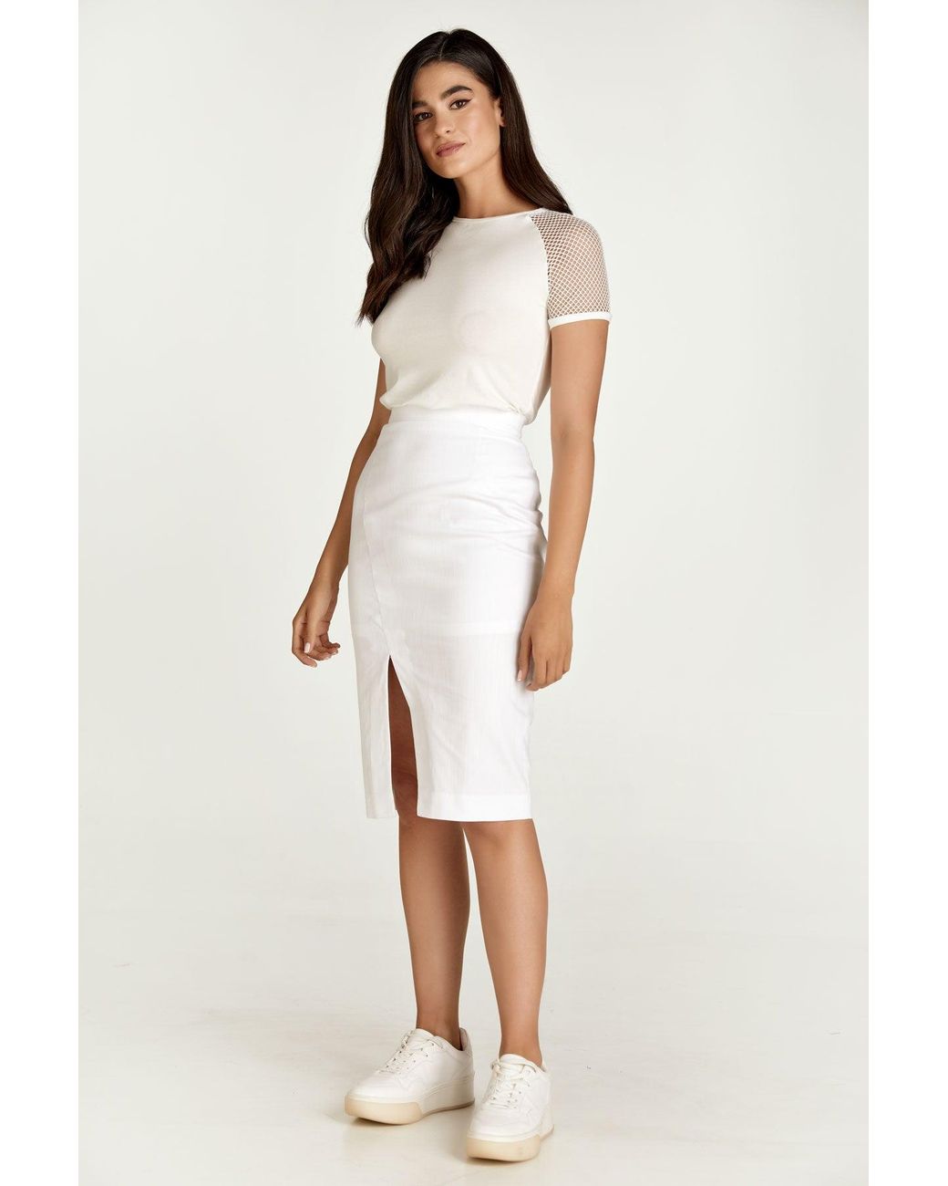 Conquista White Neutrals Ecru Top With Short Net Sleeves