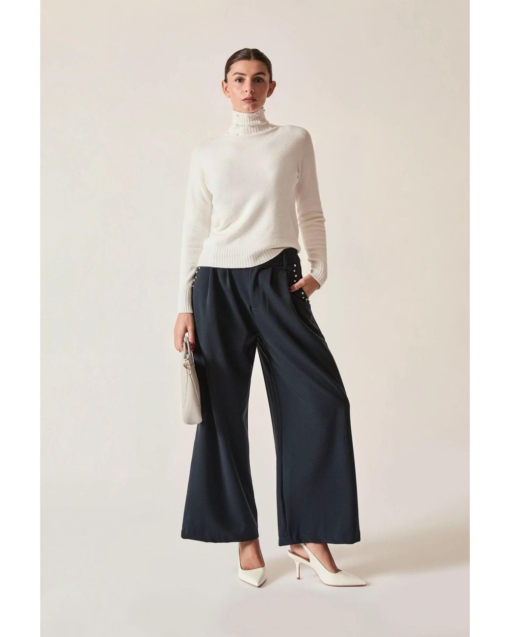 James Lakeland White Cream Pearl-Embellished High-Neck Jumper