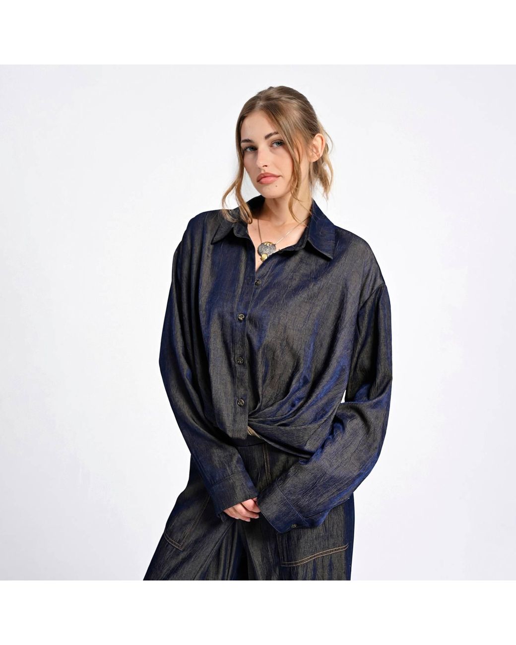 Lalipop Design Blue Relaxed Shirt With Draped Front Hem