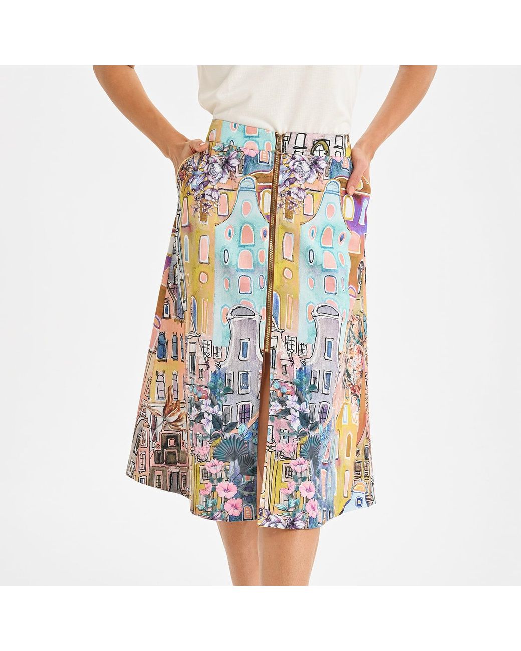 Lalipop Design Blue Urban Sketch Print Tiered Midi Skirt
