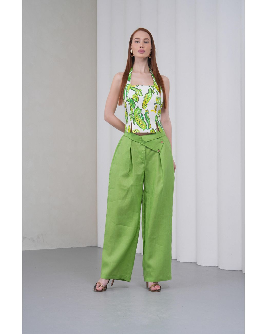 Lumina Eligma Green The Halterline Linen Blouse