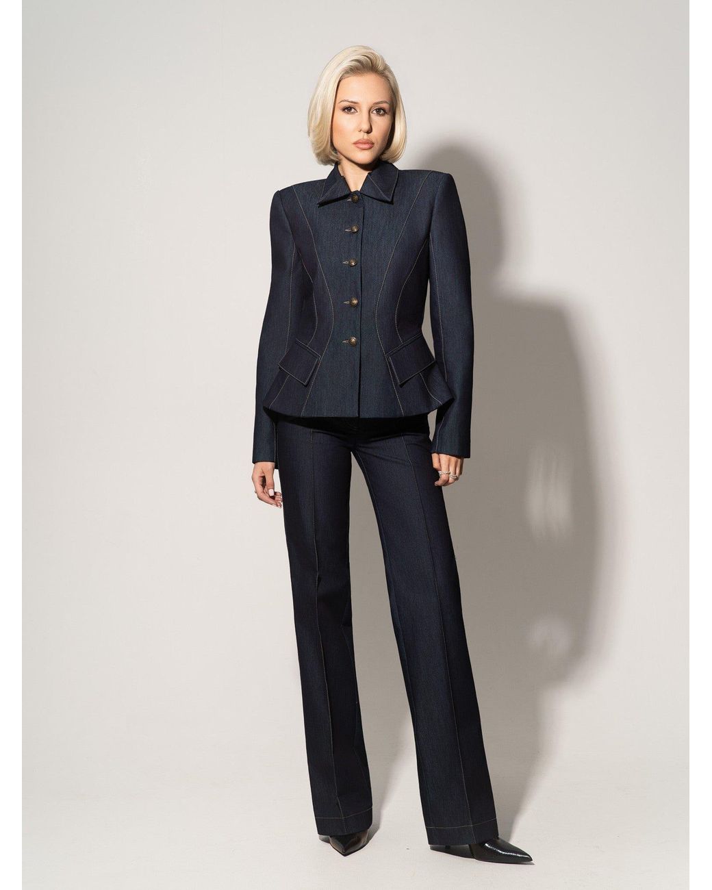 Tia Dorraine Blue Hourglass Denim Blazer Jacket – Dark
