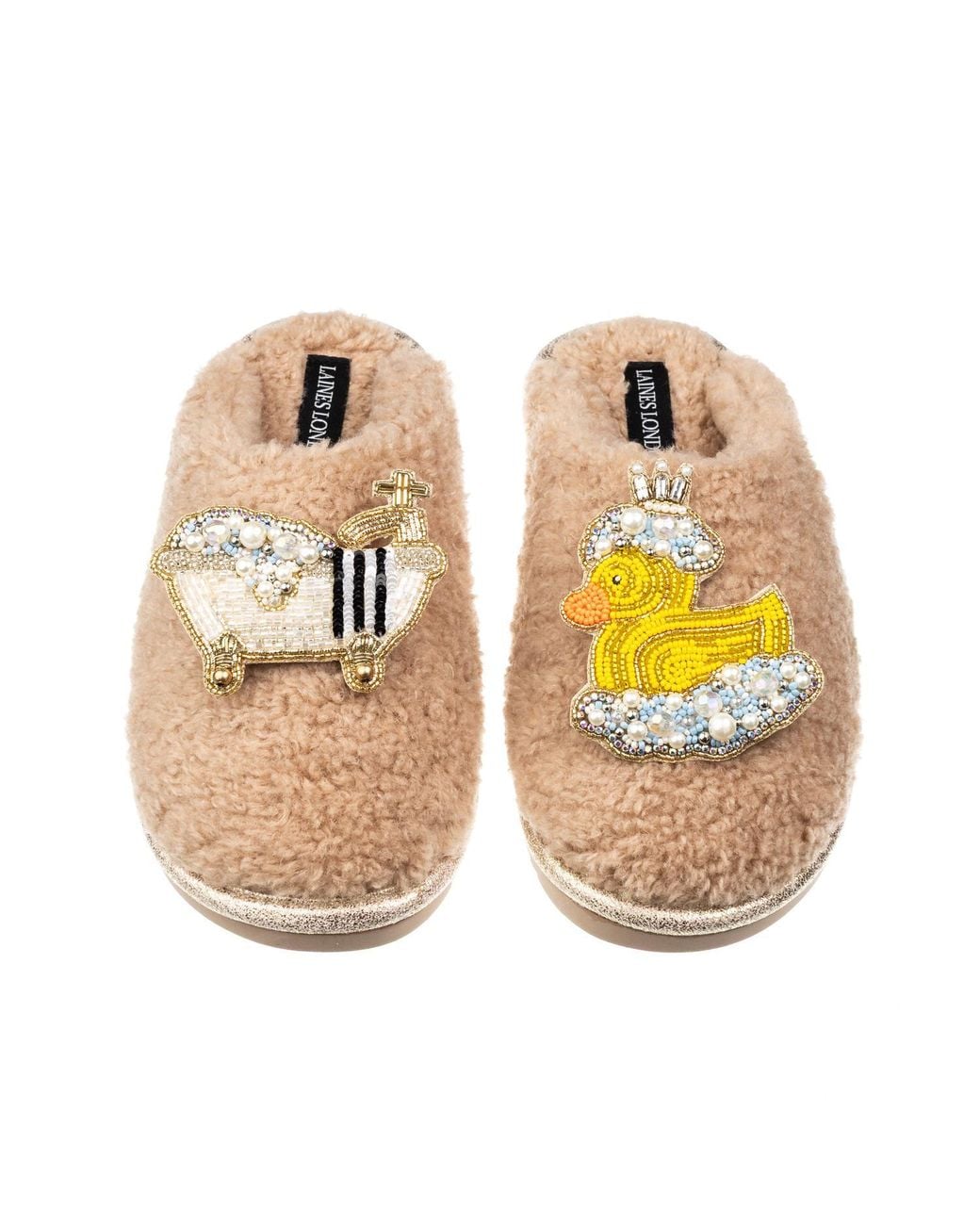 Laines London Metallic Neutrals Teddy Closed Toe Slippers With Rubber Duck Bath Queen Brooches