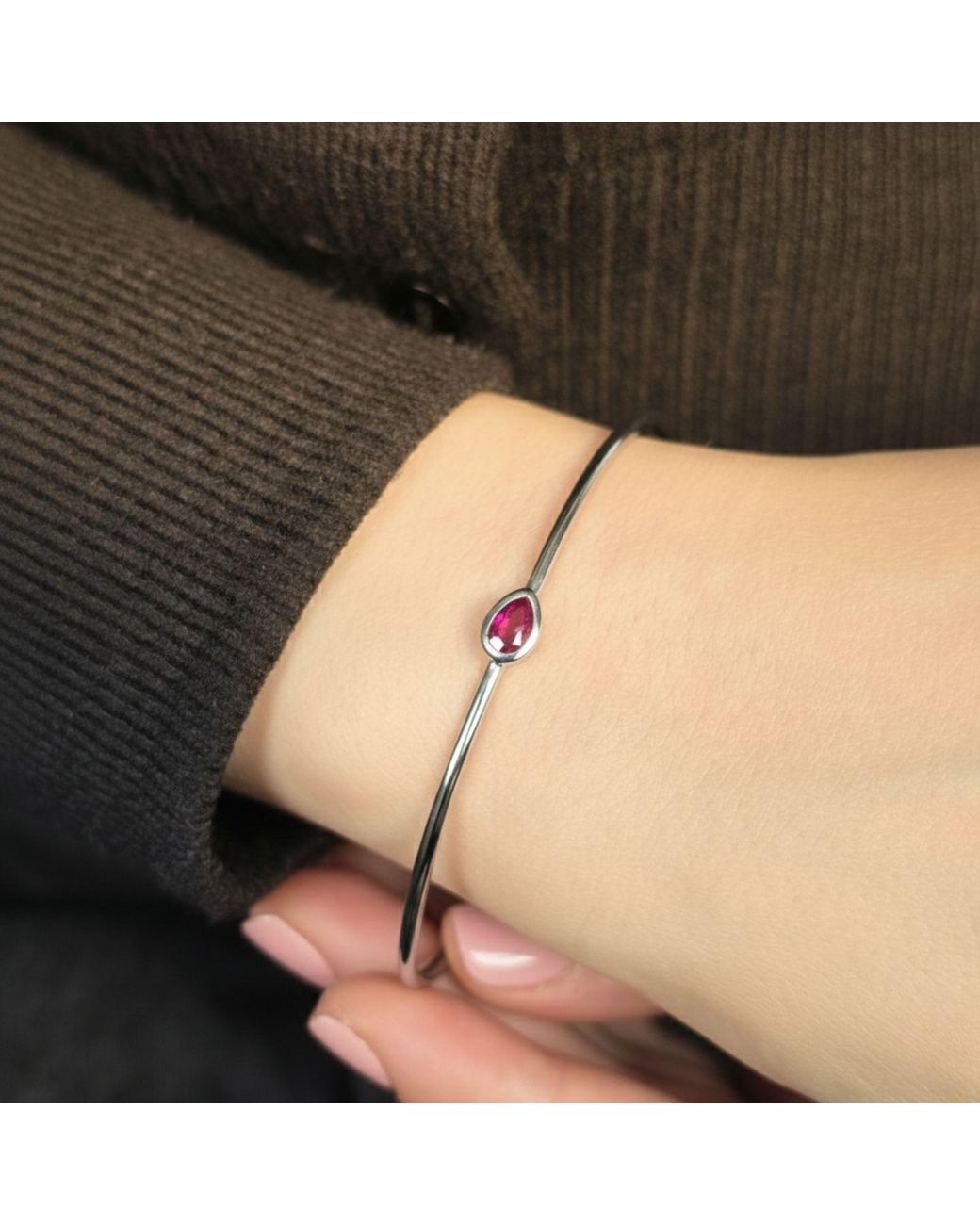 Sophelia Metallic Minimalist Sterling Ruby July Birthstone Bangle Bracelet
