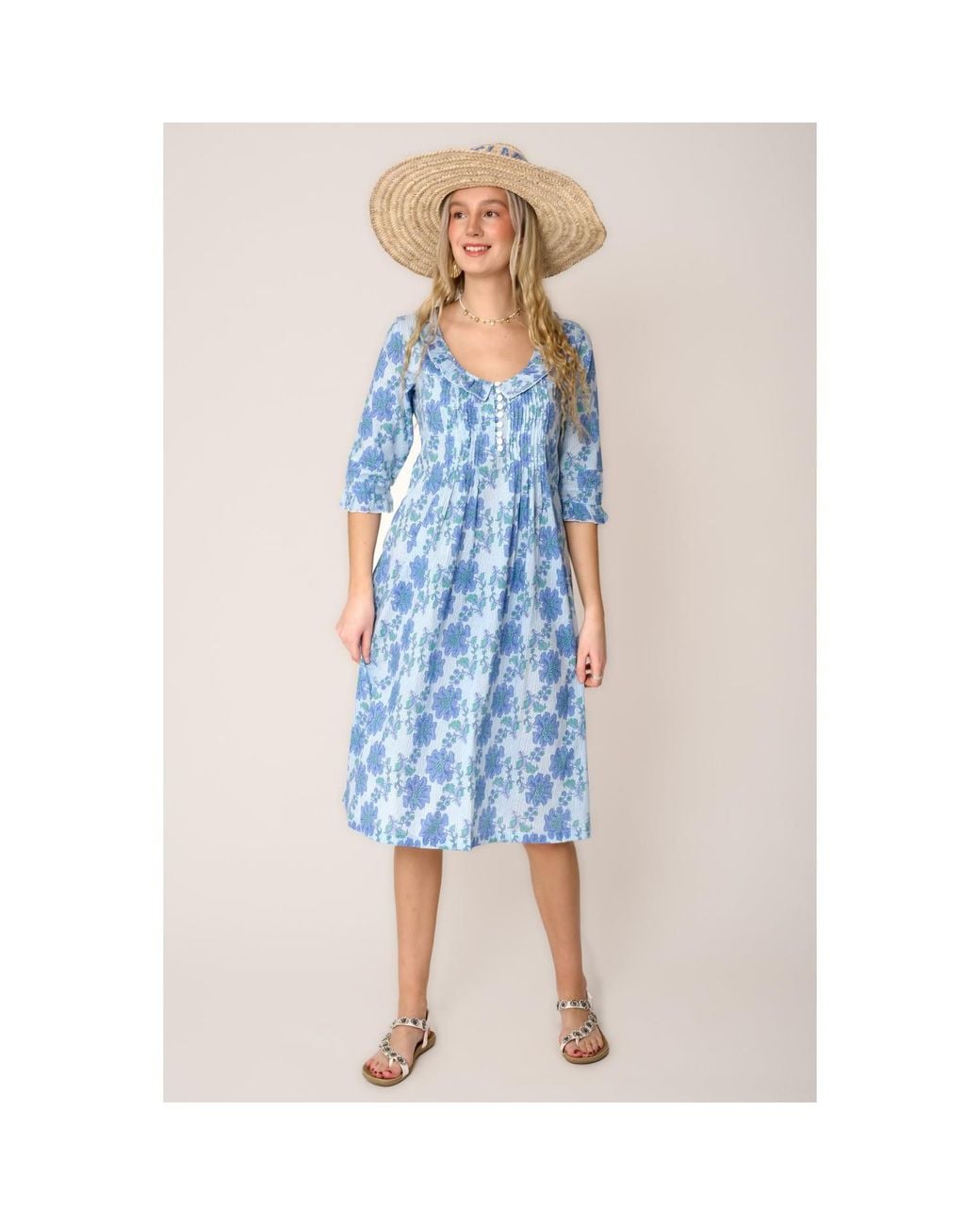 At Last Blue Cotton Karen Long Sleeve Day Dress