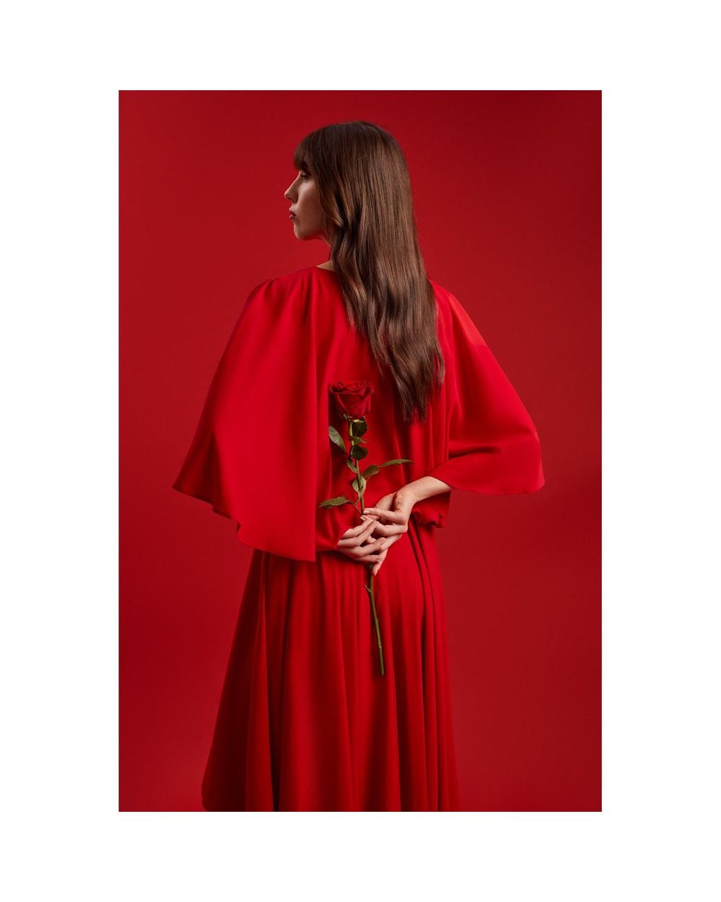 Femponiq Red Bow Tie Neck Cape Sleeve Maxi Dress