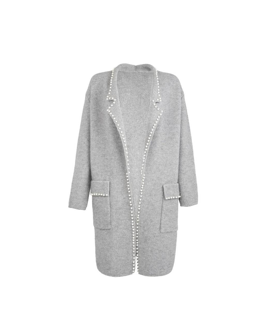 Saachi Gray Pearl Trim Long Knit Blazer