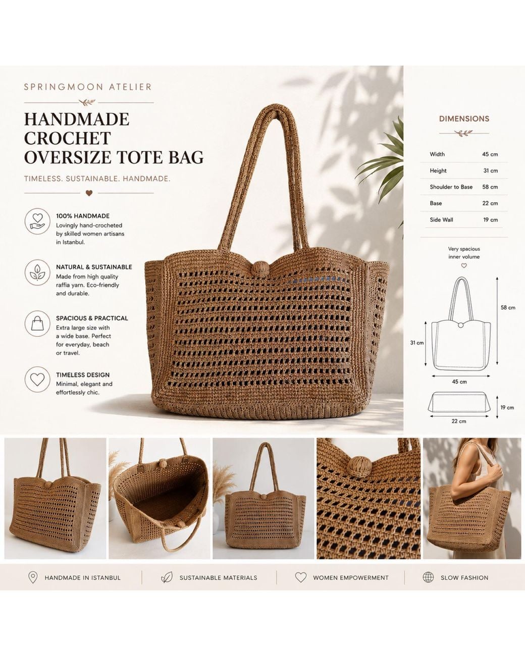 Springmoonatelier Brown Neutrals Handmade Straw Large Bag Sustainable Crochet Beach And Everyday Bag