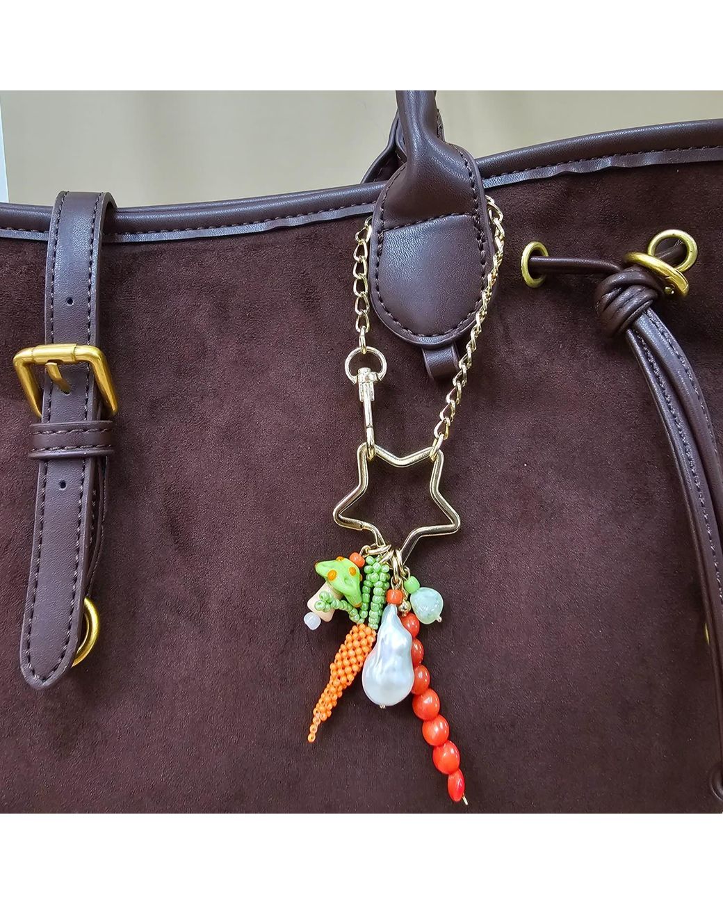 Farra Metallic Baroque Pearl Bamboo Coral And Handcrafted Carrot Bag Charm