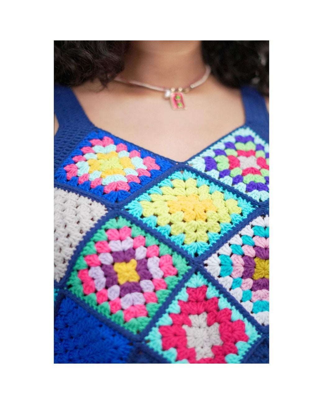 Ana Chic Blue Trim Granny Square Handmade Crochet Crop Top