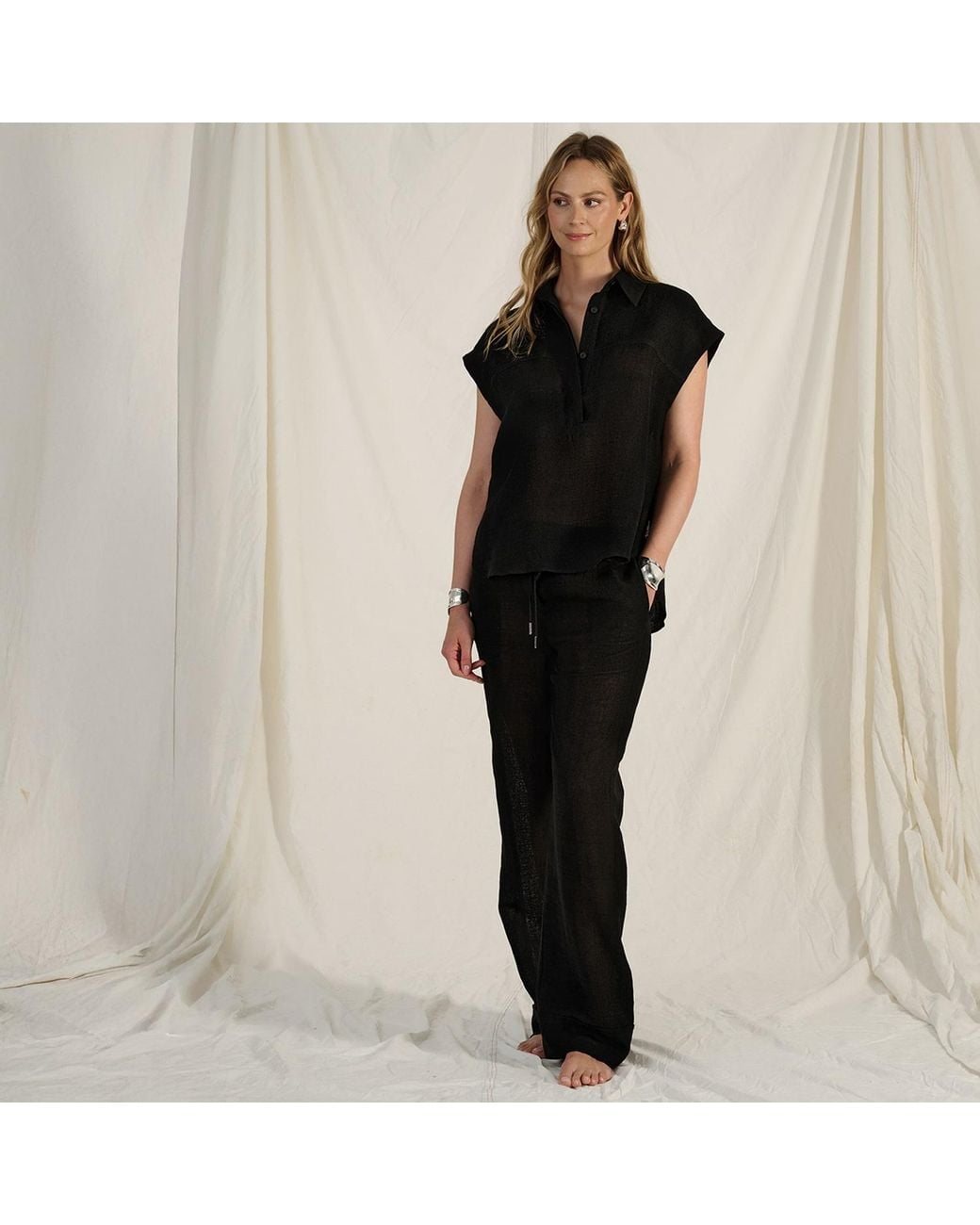 The Summer Edit Gray Pearl Luxe Linen Drawstring Trouser