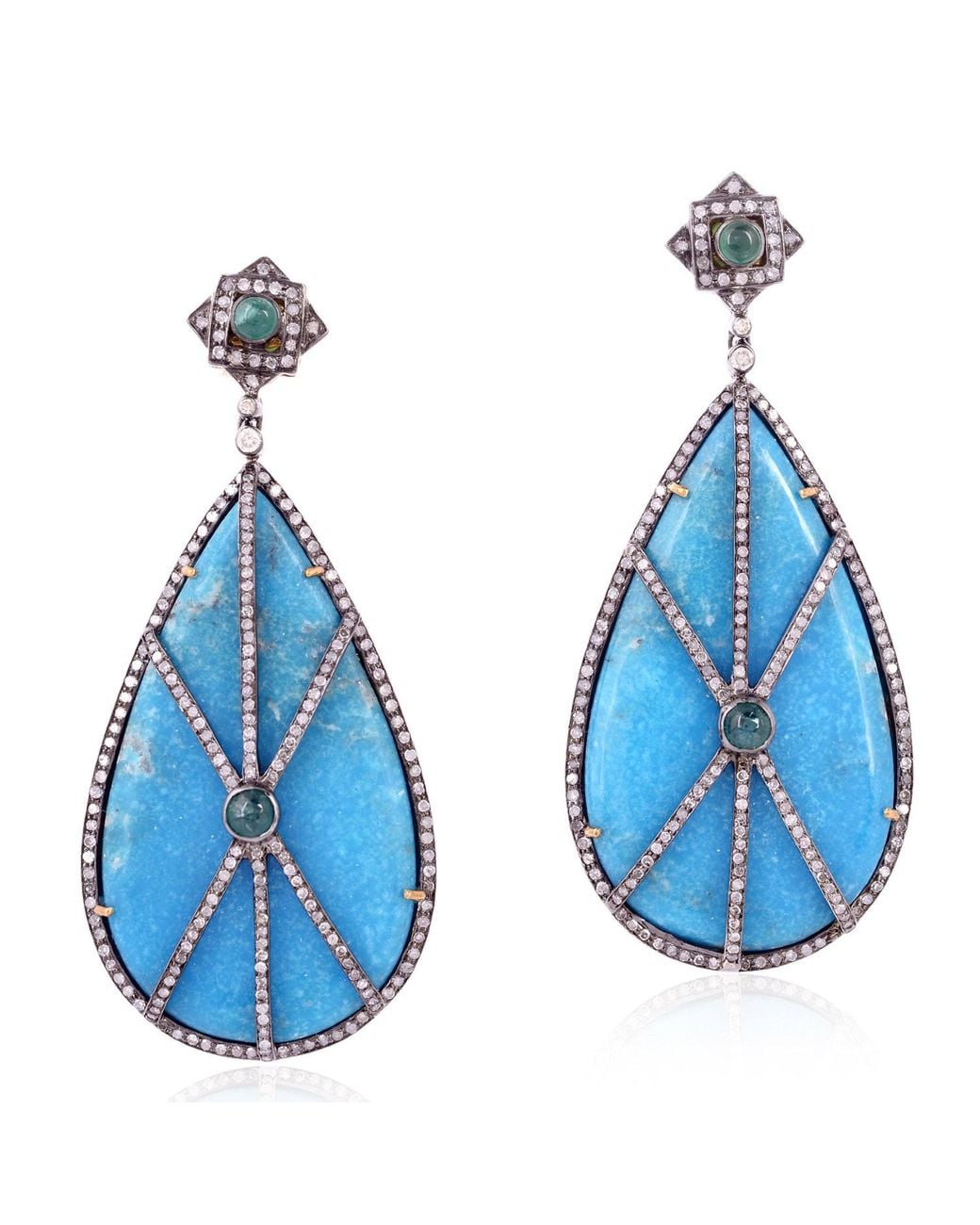 Artisan Blue Pave Turquoise Dangle Earrings Diamond 18k Gold 925 Silver
