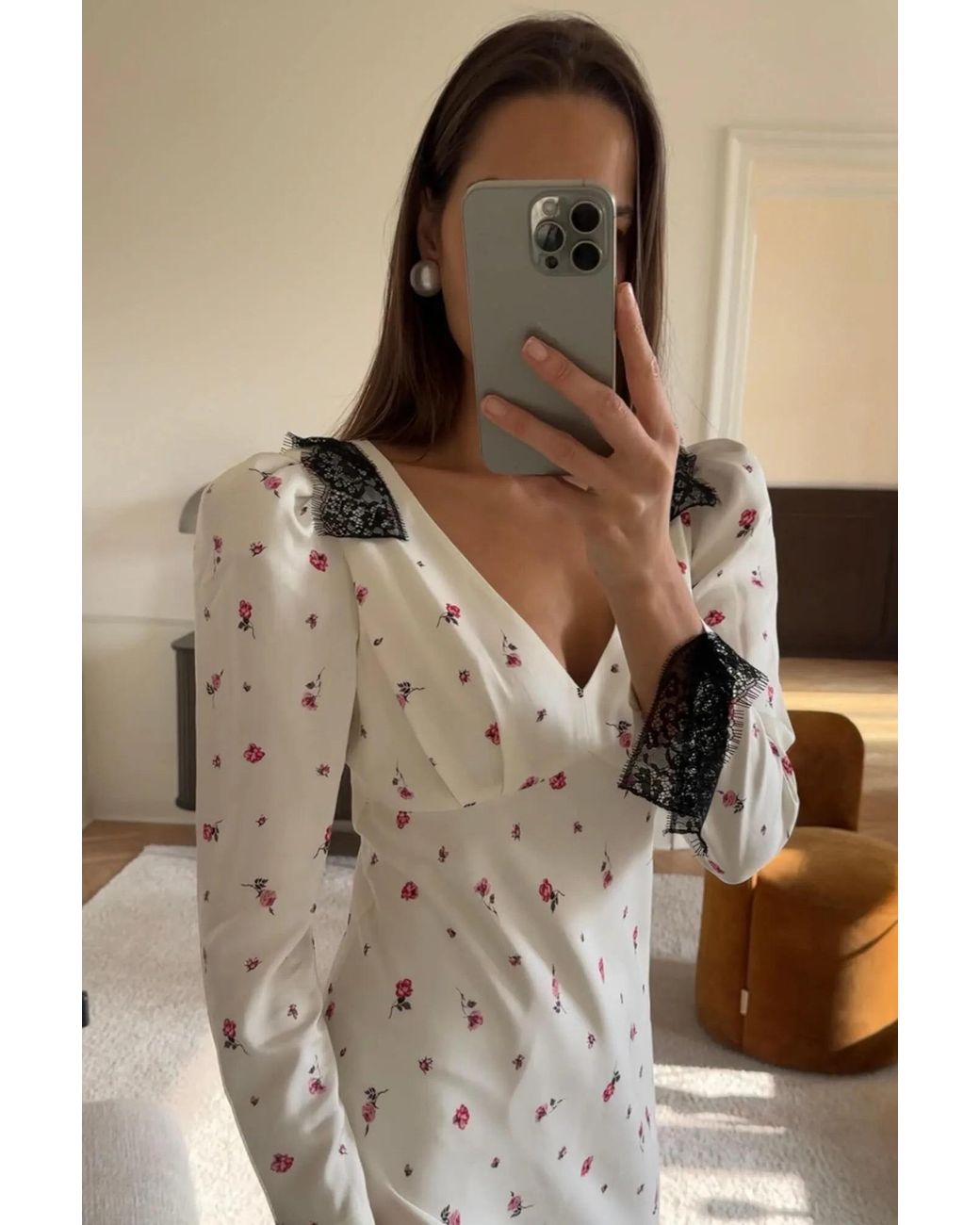 POST MERIDIEM White Floral Fitted Midi Dress With Lace