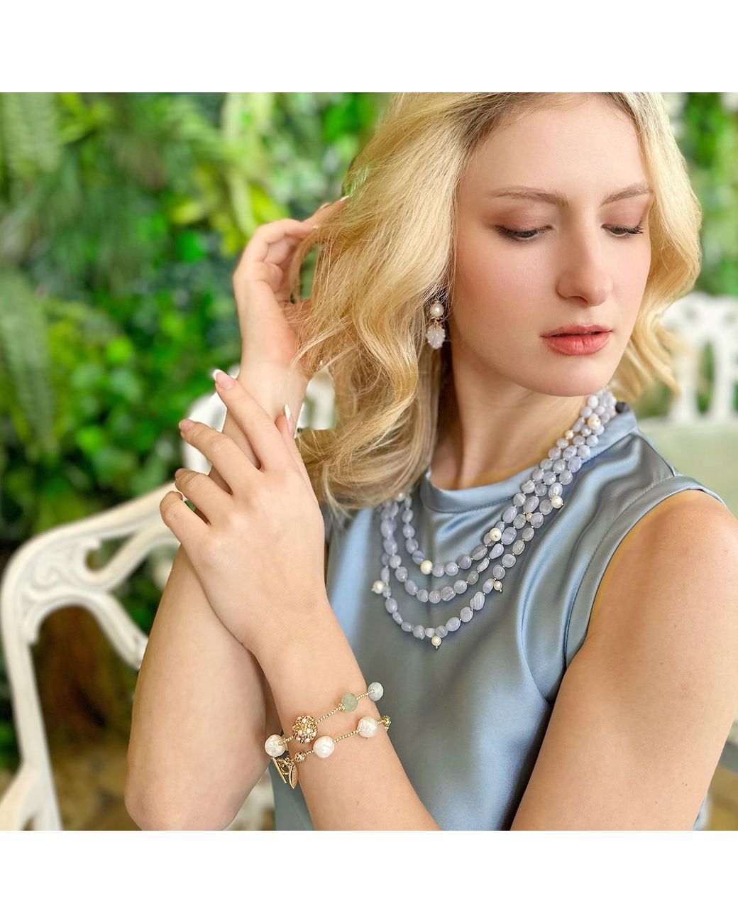 Farra Metallic Baroque Pearl With Aquamarine Double Layers Bracelet