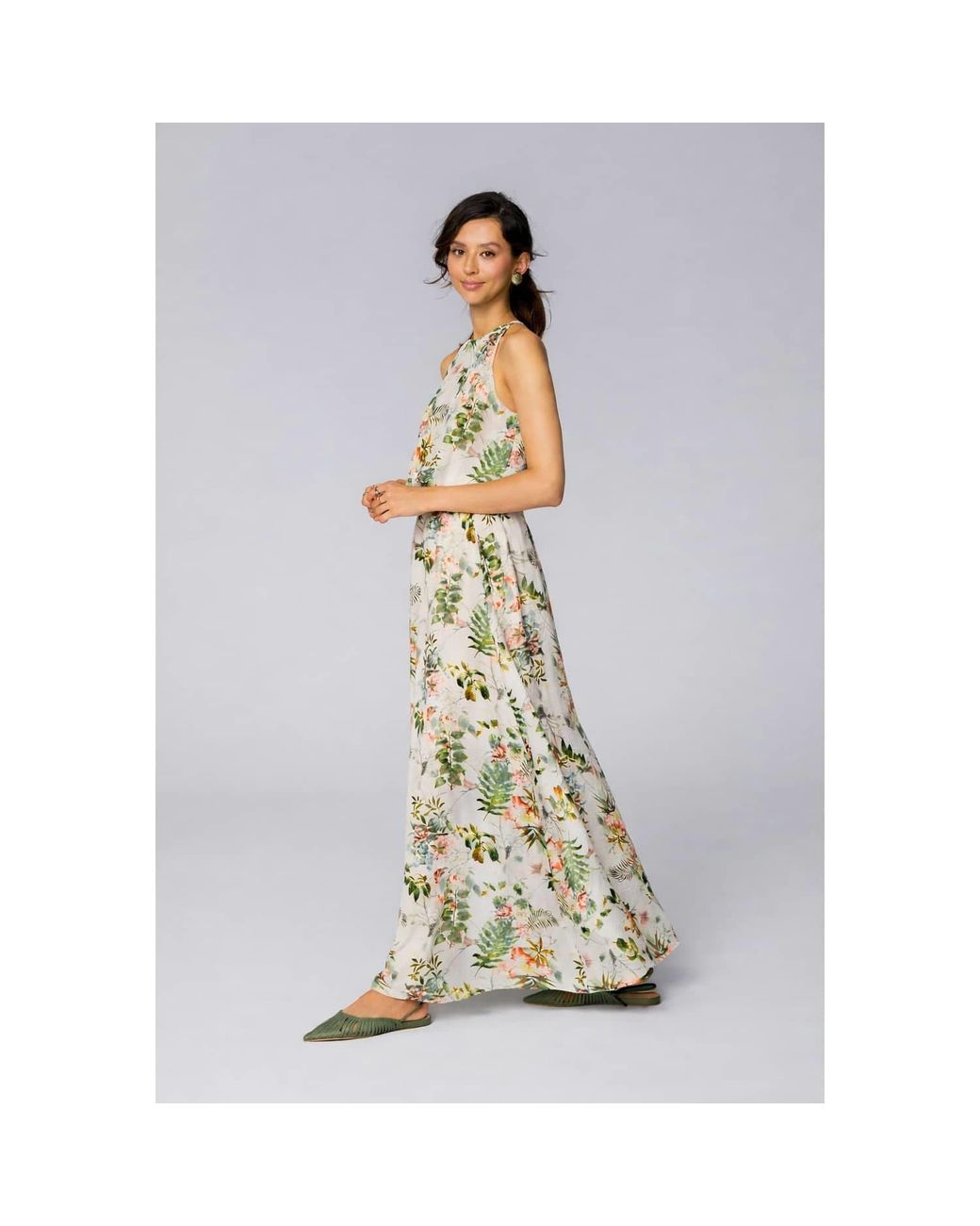 Oh!Zuza Metallic Neutrals Maxi Cupro & Modal Dress – Botanical Print