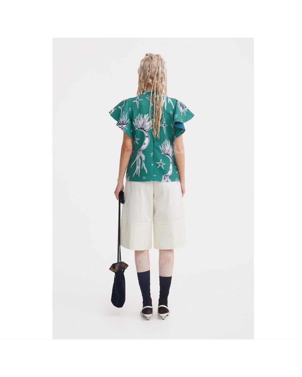 Julia Allert Green Stand Collar Ruffle Sleeve Blouse – Celestial Print