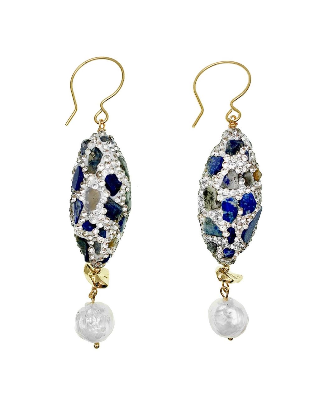 Farra Multicolor Rhinestones Bordered Lapis With Freshwater Pearls Dangle Earrings