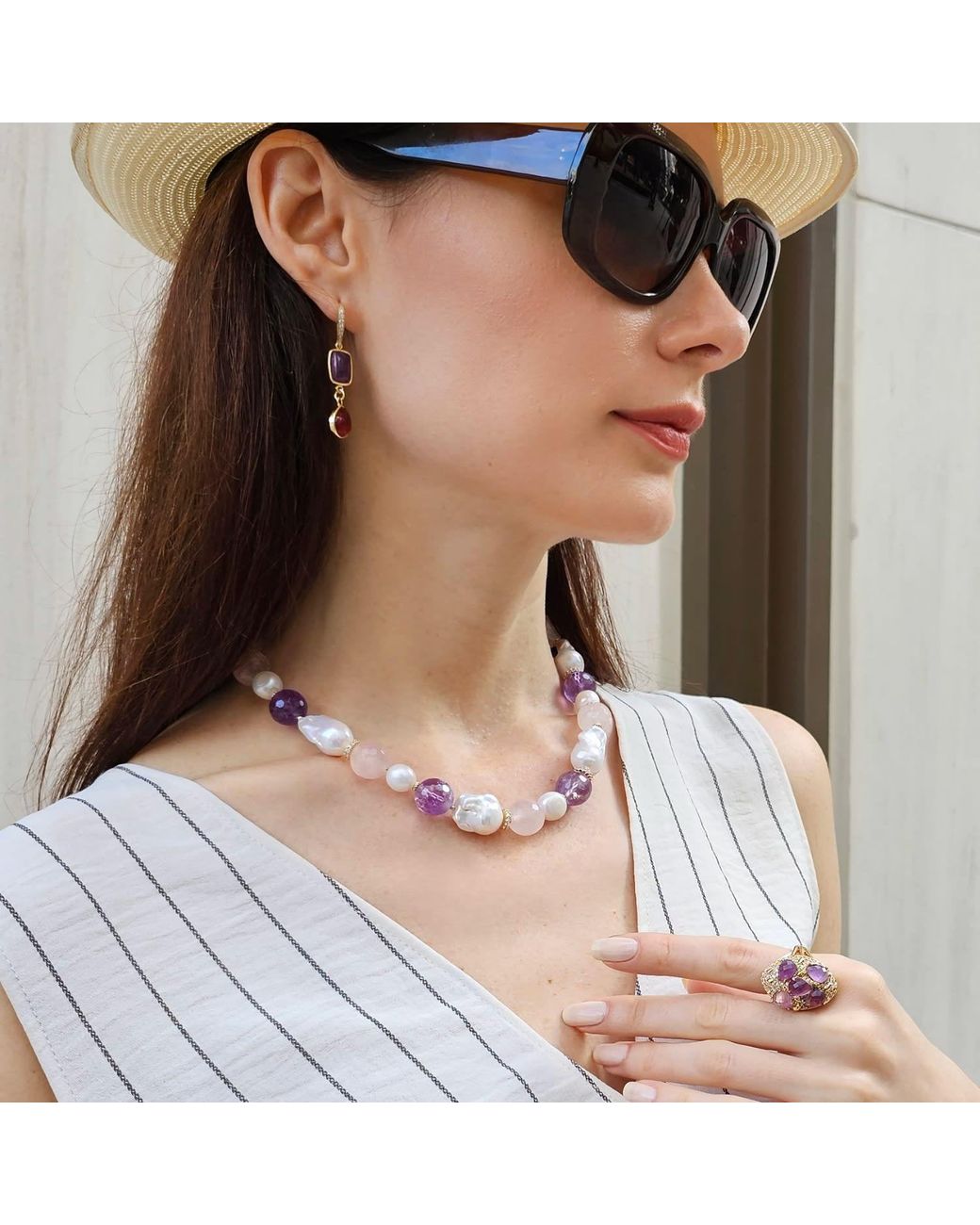 Farra Multicolor Baroque Pearls With Rose Quartz And Amethyst Necklace