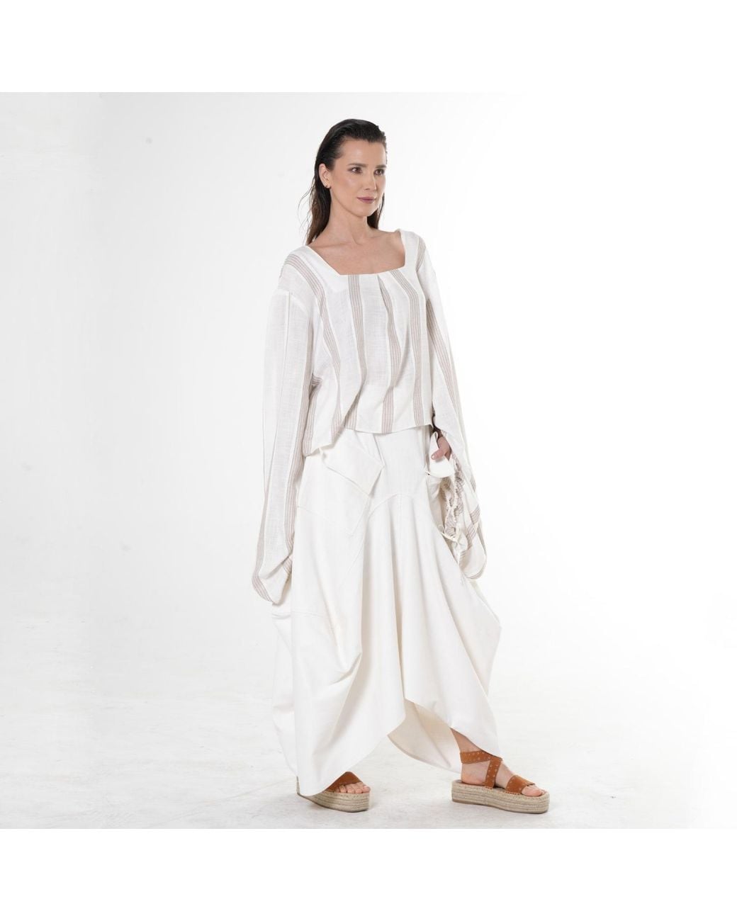 Metamorph White Neutrals Striped Top With Oversize Sleeves