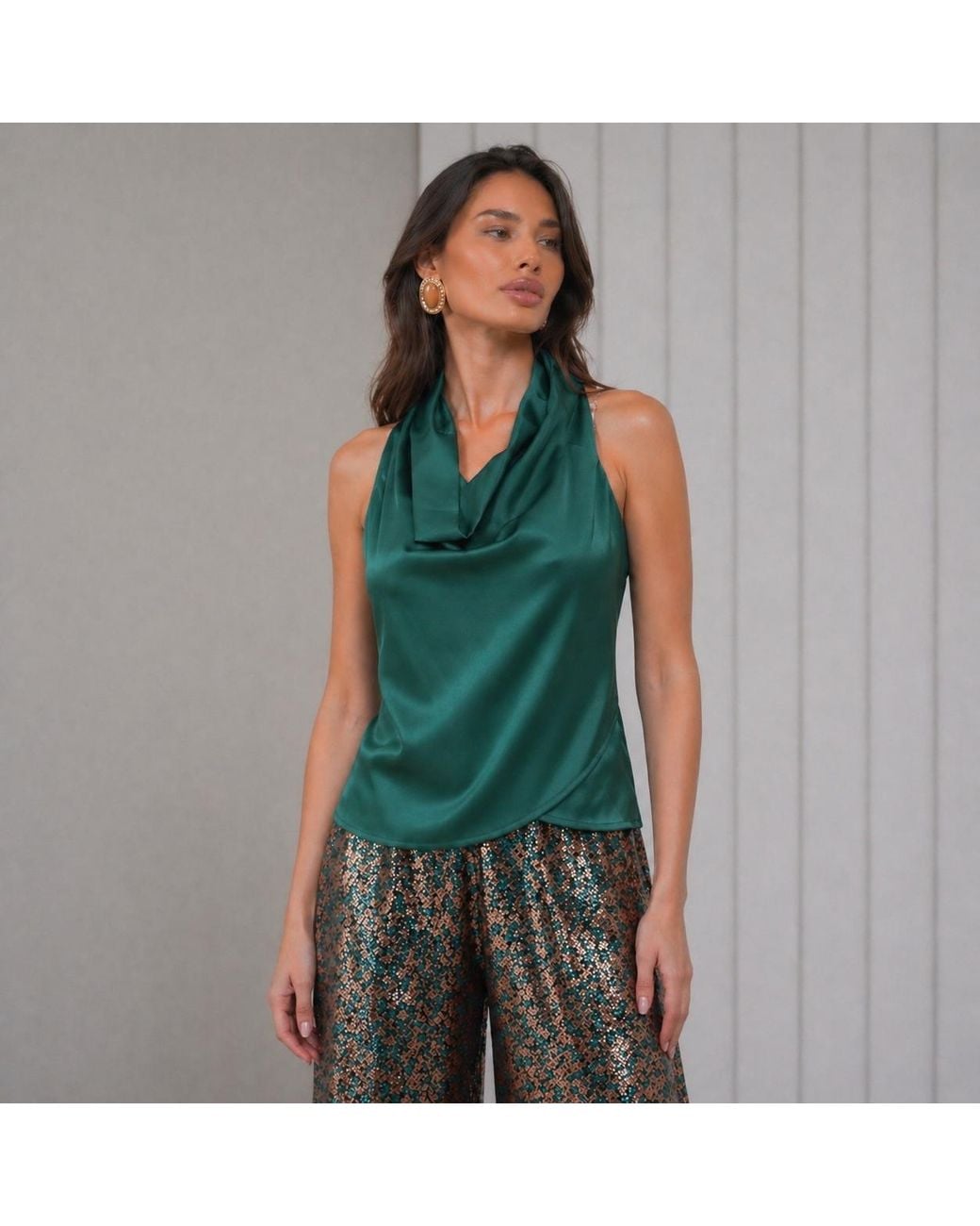 Lumina Eligma Green Cascade Silk Cowl Top