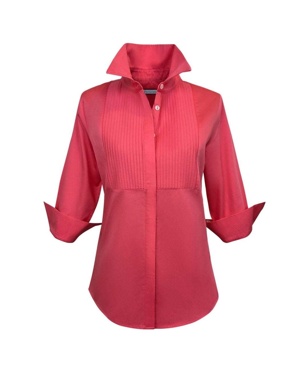 Perlavera Red Cintuck Coral Satin Three Quarter Sleeve Slim Fit Pintuck Shirt