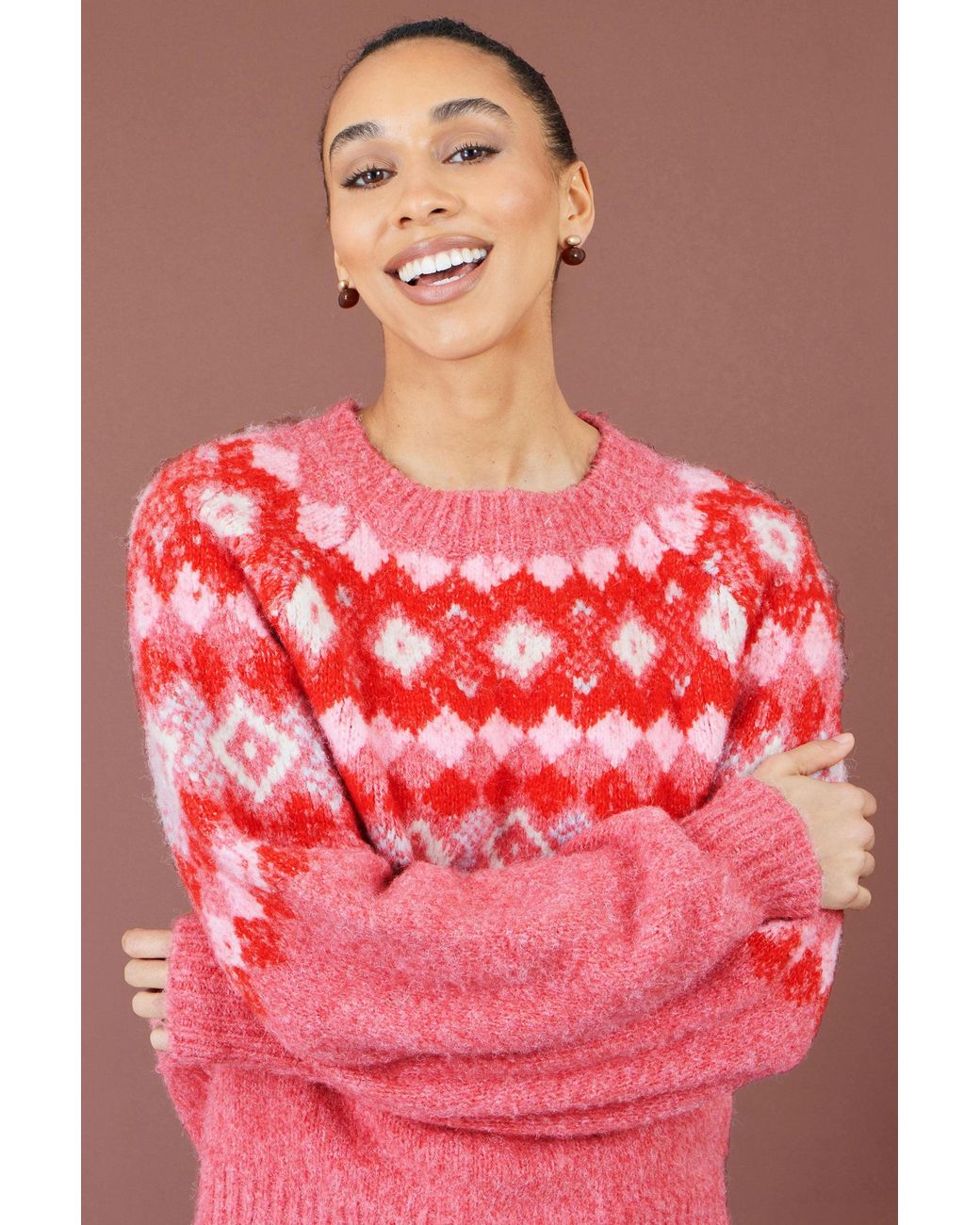 Yumi' Red Fairisle Wool Blend Relaxed Jumper