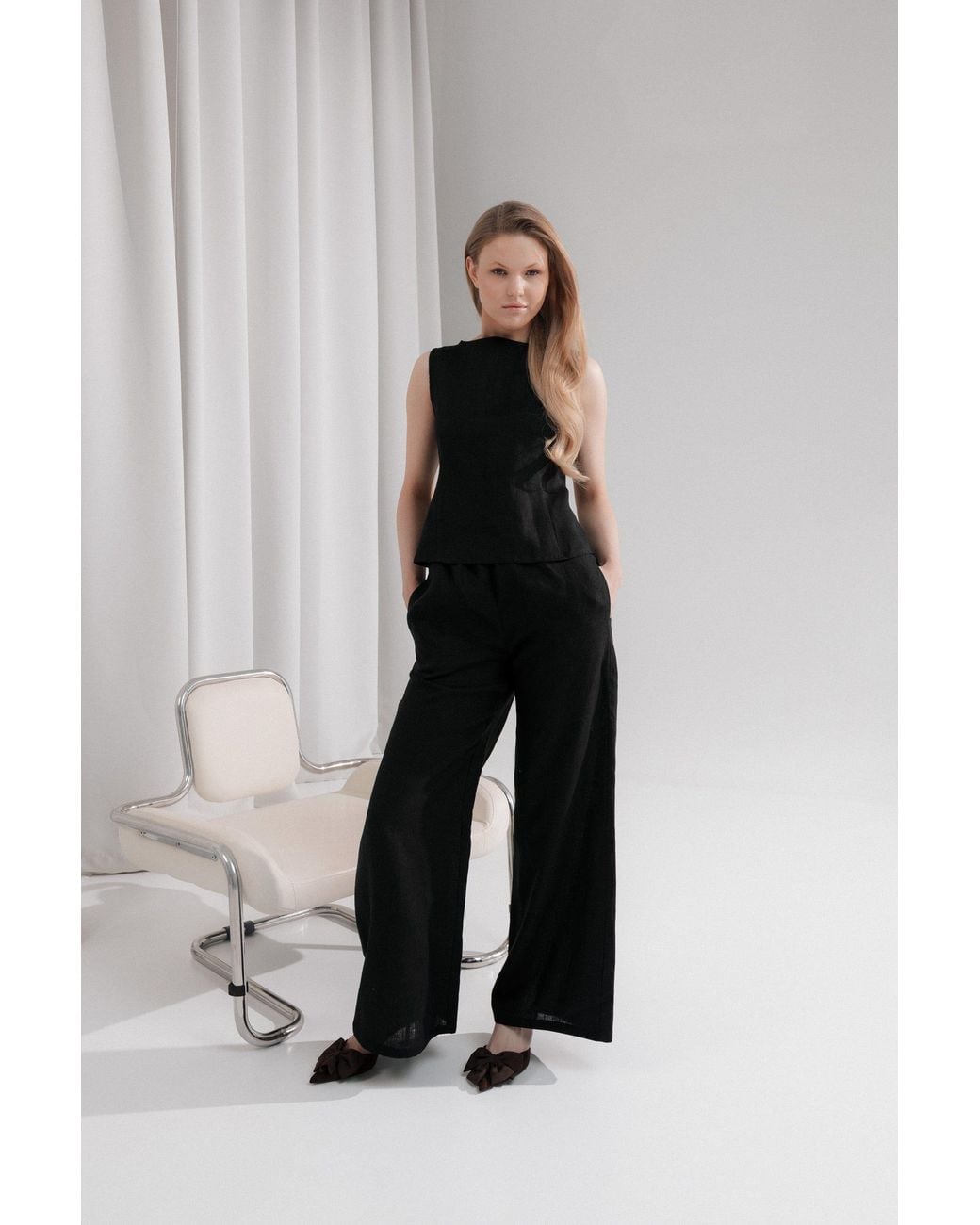 Idyllo White Linen Wide Trousers Pants With Pockets
