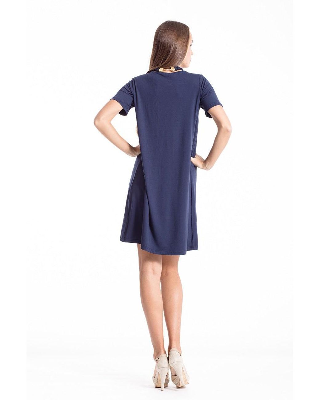 Conquista Blue Short Sleeve Pleat Detail Dress