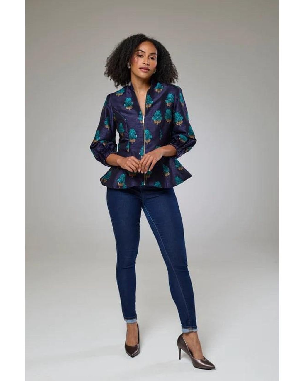 Lioness by Tf Blue Aquamarine Embroidered Raw Silk Fitted Jacket Blouse